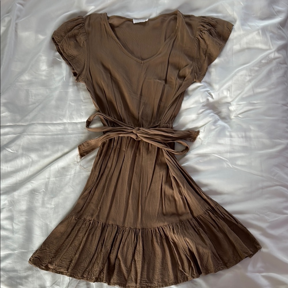 Brown Wrap Sundress with Flutter Sleeves